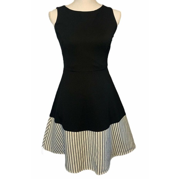 Eva Franco Dresses & Skirts - Eva Franco Anthropologie Strata Fit Flare Solid Black Striped Hem Dress Size 2